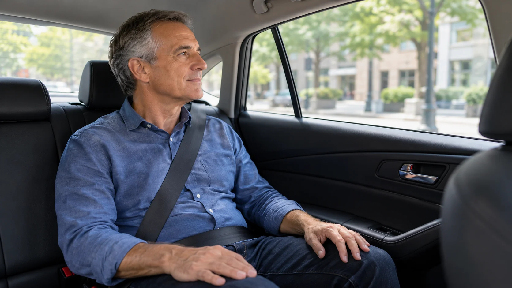 Passenger wearing a seat belt during a private sedan ride