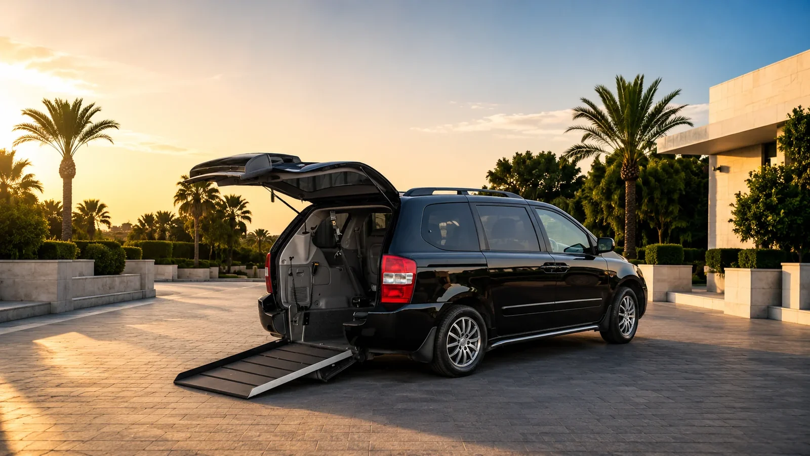 Accessible van with a lowered wheelchair ramp outside a hotel